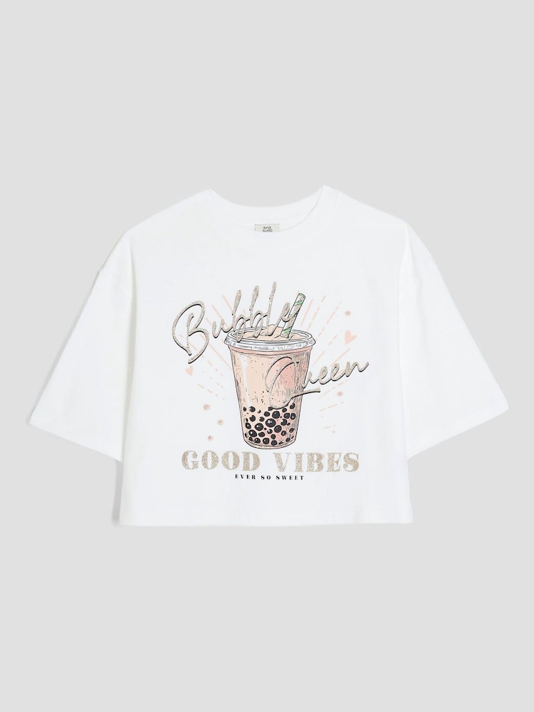 River Island White Girls Bubble Queen Crop White T-Shirt - Image 1 of 4 River Island White Girls Bubble Queen Crop White T-Shirt - Image 1 of 4