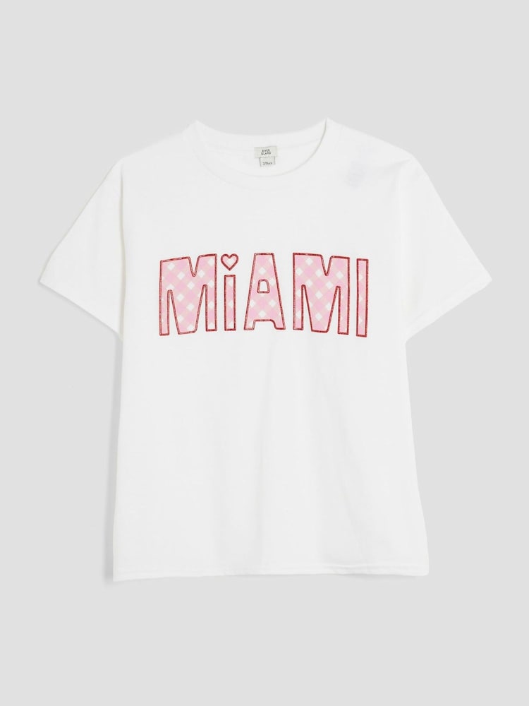 River Island White Gingham Wordie T-Shirt - Image 1 of 4