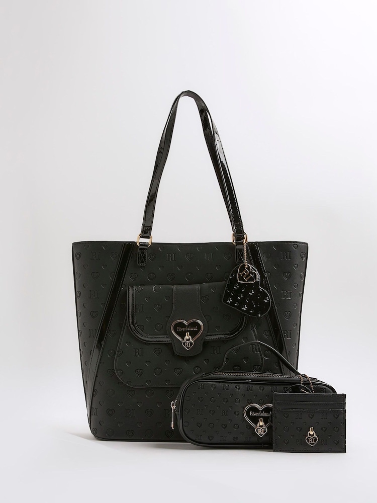 River Island Black Girls Heart Lock Shopper Bundle Bag - Image 1 of 5