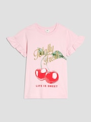 River Island Pink Girls Cherry Frill T-Shirt - Image 1 of 4