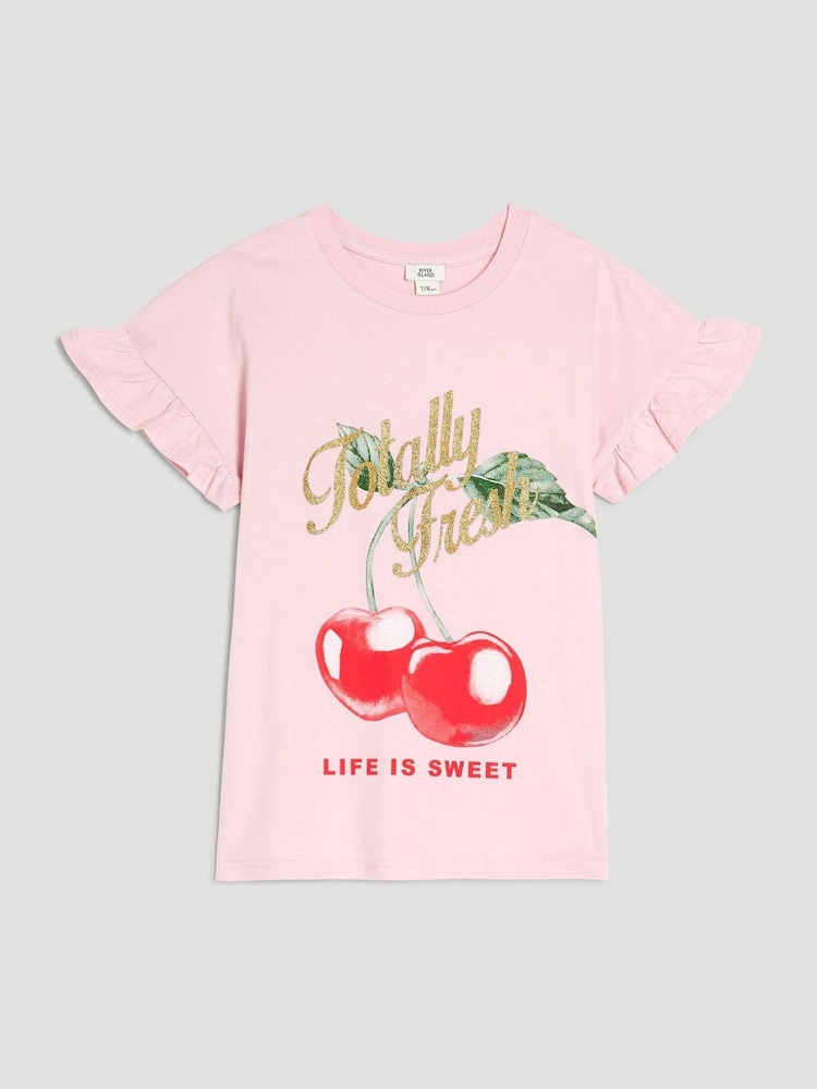 River Island Pink Girls Cherry Frill T-Shirt - Image 1 of 4 River Island Pink Girls Cherry Frill T-Shirt - Image 1 of 4