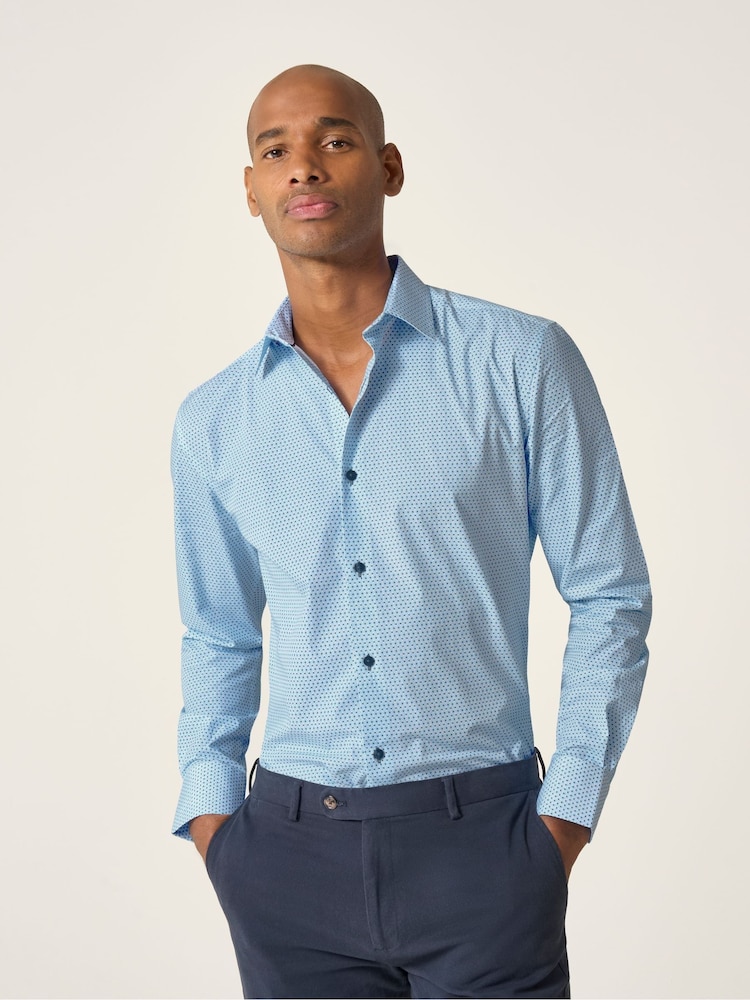 Skopes Blue Tailored Fit Bright Geo Print Luxury 100% Cotton Formal Shirt - Image 1 of 6