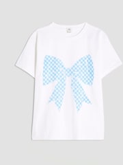 River Island Girls Gingham Bow White T-Shirt - صورة 1 من 4
