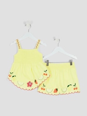 River Island Yellow Girls Fruit Hanky Hem 100% Cotton Top and Shorts Set - Image 1 of 5