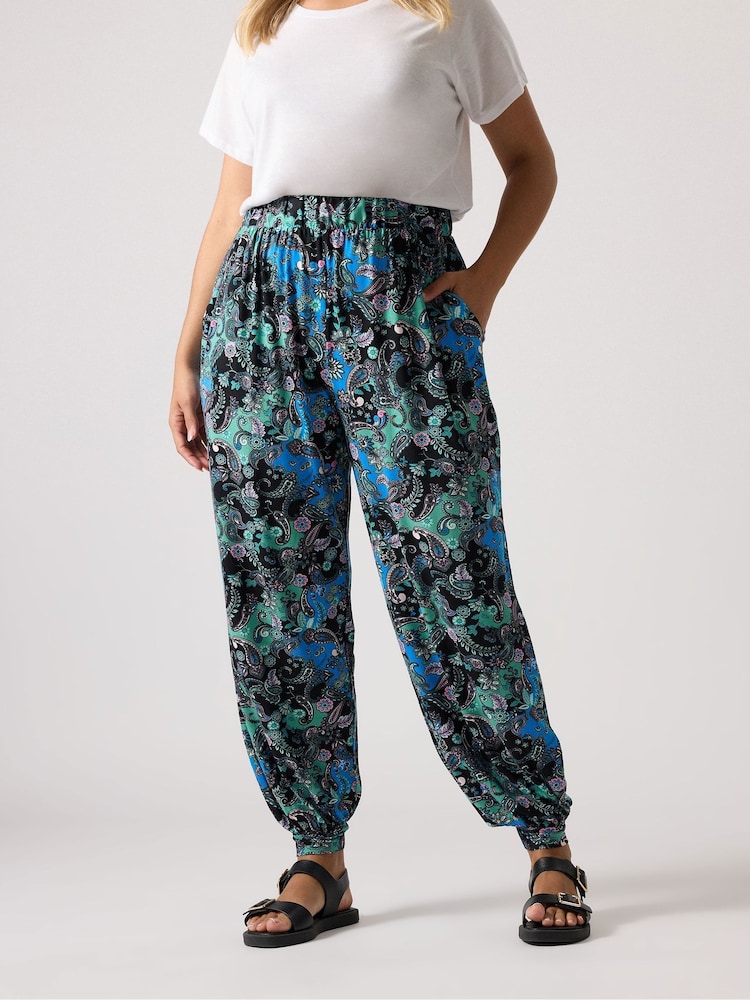 Yours Curve Black Paisley Print Harem Trousers - Image 1 of 5