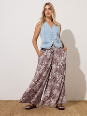 Yours Curve Brown/ Red Shirred Waist Wide Leg Trousers - Image 2 of 5