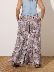 Yours Curve Brown/ Red Shirred Waist Wide Leg Trousers - Image 3 of 5