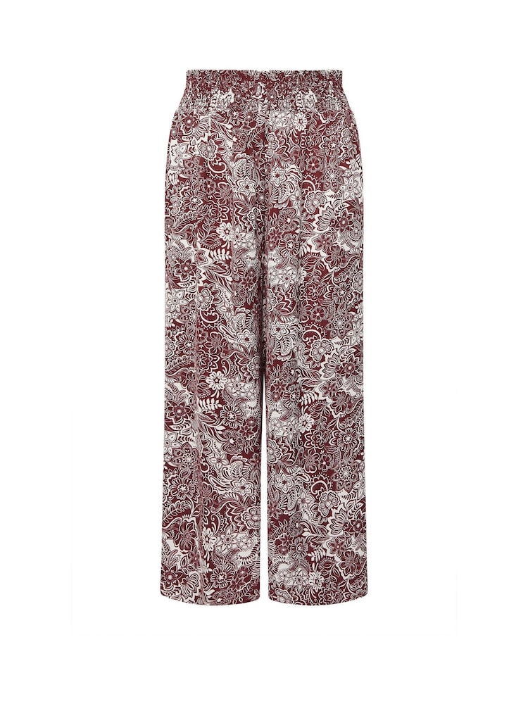 Yours Curve Brown/ Red Shirred Waist Wide Leg Trousers - Image 5 of 5