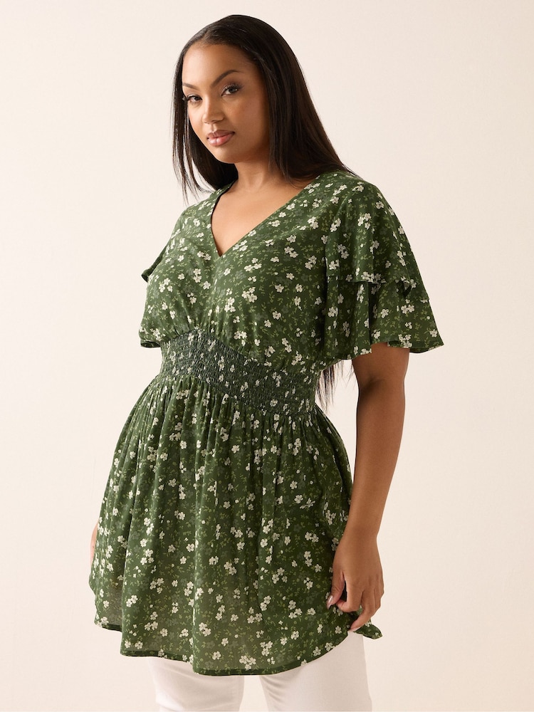Yours Curve Green Flutter Sleeve Blouse - Image 1 of 5