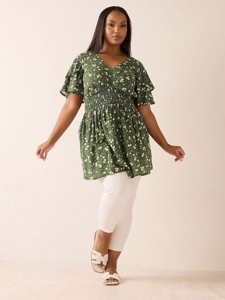 Yours Curve Green Flutter Sleeve Blouse - Image 2 of 5
