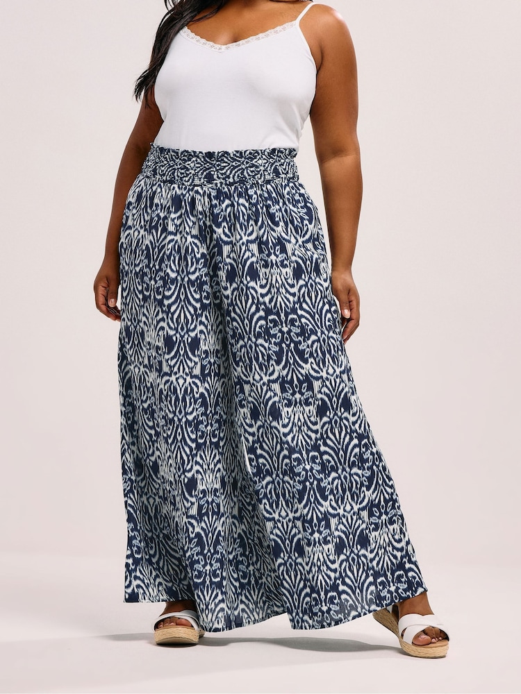 Yours Curve Blue Shirred Waist Wide Leg Trousers - Image 1 of 6 Yours Curve Blue Shirred Waist Wide Leg Trousers - Image 1 of 6