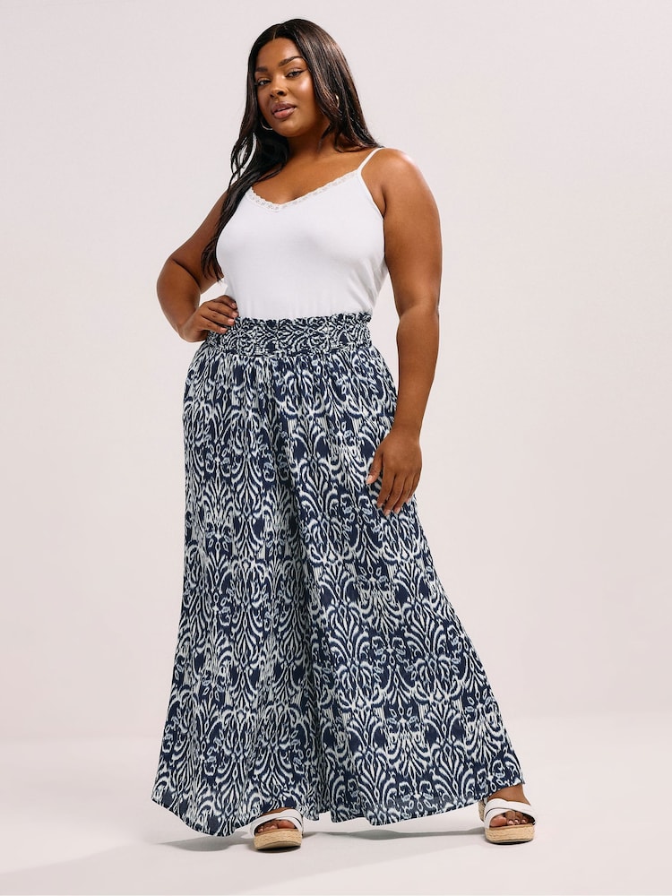 Yours Curve Blue Shirred Waist Wide Leg Trousers - Image 2 of 6
