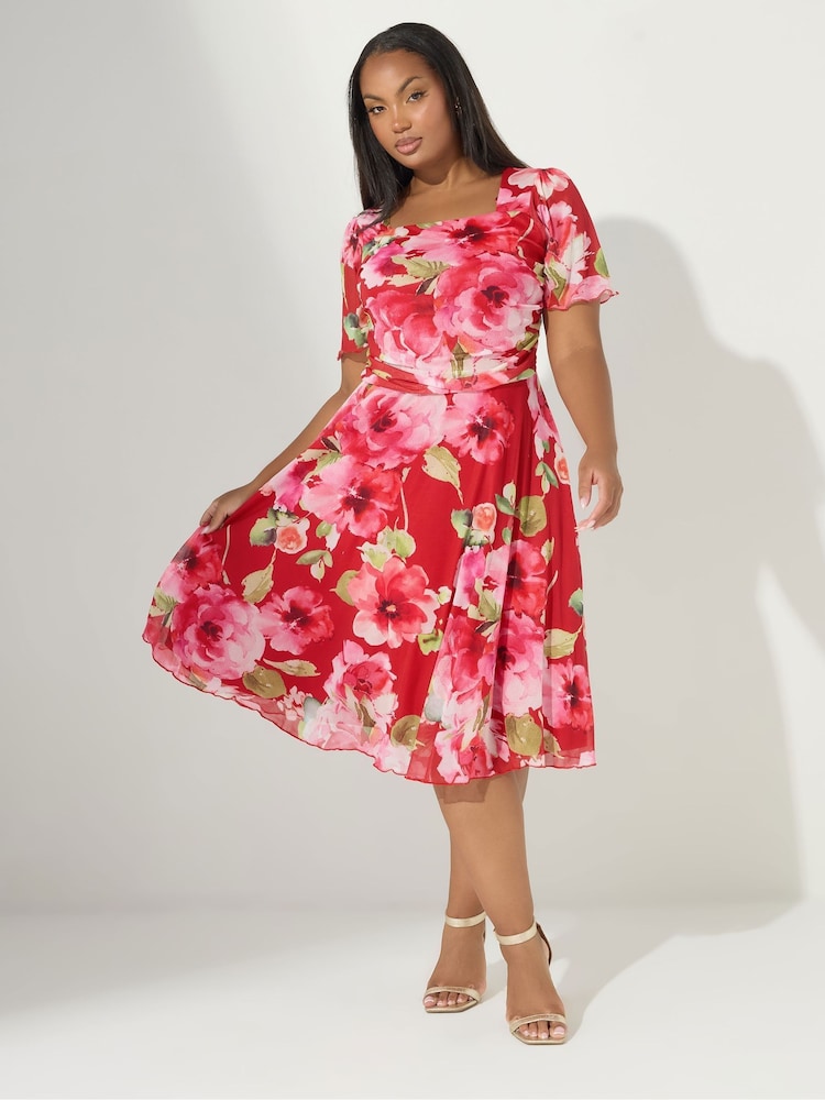 Yours Curve Red London Mesh Square Neck Dress - Image 1 of 5