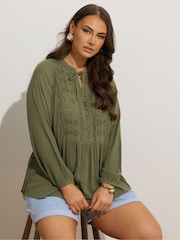 Yours Curve Green Broderie Tie Neck Blouse - Image 1 of 5