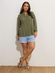 Yours Curve Green Broderie Tie Neck Blouse - Image 2 of 5