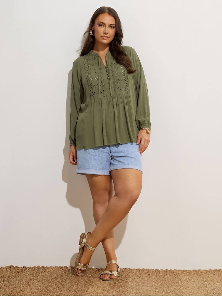 Yours Curve Green Broderie Tie Neck Blouse - Image 2 of 5