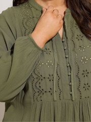 Yours Curve Green Broderie Tie Neck Blouse - Image 4 of 5