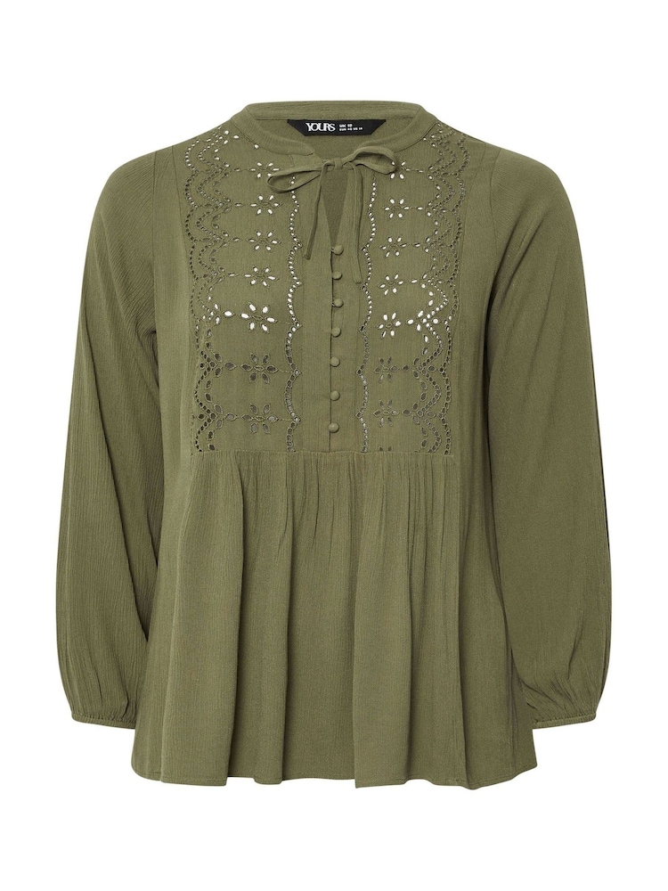 Yours Curve Green Broderie Tie Neck Blouse - Image 5 of 5