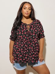 Yours Curve Black Gingham Bow Front Blouse - Image 1 of 5