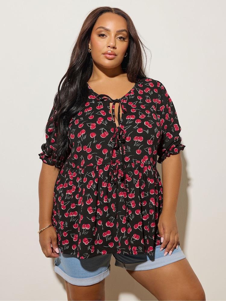 Yours Curve Black Gingham Bow Front Blouse - Image 1 of 5