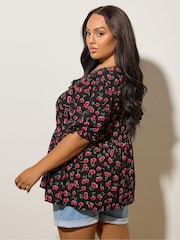 Yours Curve Black Gingham Bow Front Blouse - Image 2 of 5