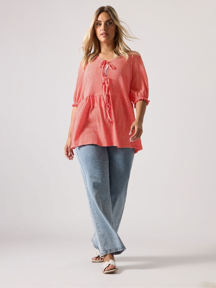 Yours Curve Red Gingham Bow Front Blouse - Image 2 of 5