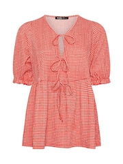 Yours Curve Red Gingham Bow Front Blouse - Image 5 of 5