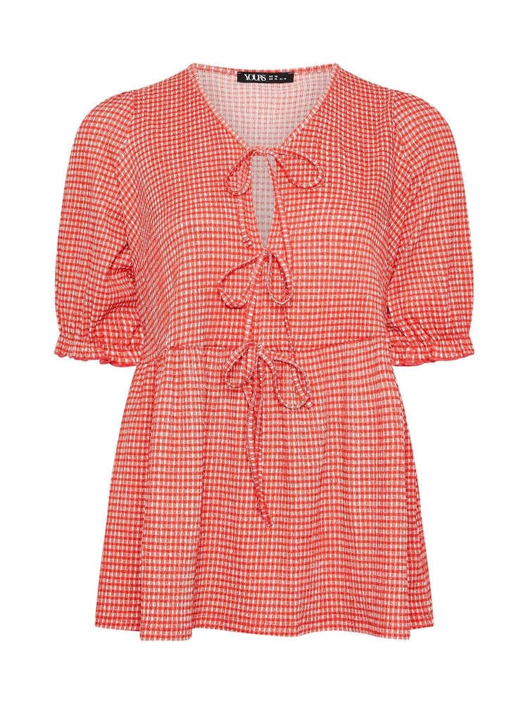 Yours Curve Red Gingham Bow Front Blouse - Image 5 of 5