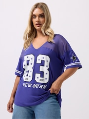 Yours Curve Blue Varsity T-Shirt - Image 1 of 5