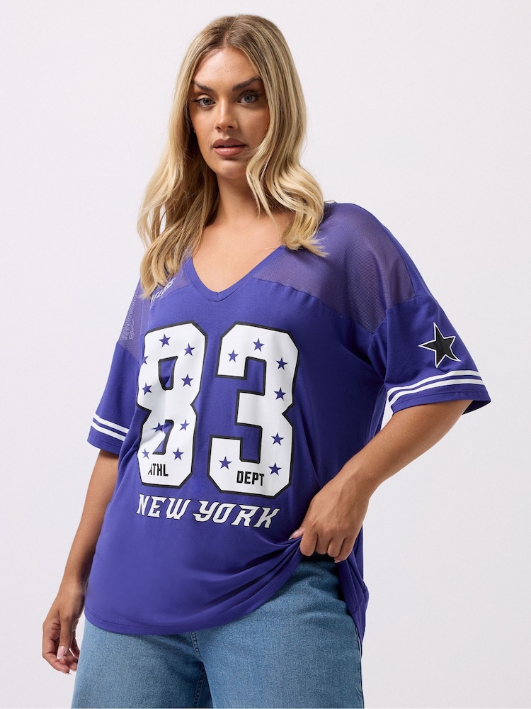 Yours Curve Blue Varsity T-Shirt - Image 1 of 5