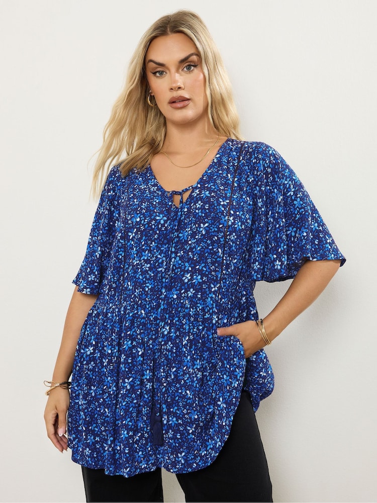 Yours Curve Blue Short Angel Sleeve Boho Blouse - Image 1 of 5
