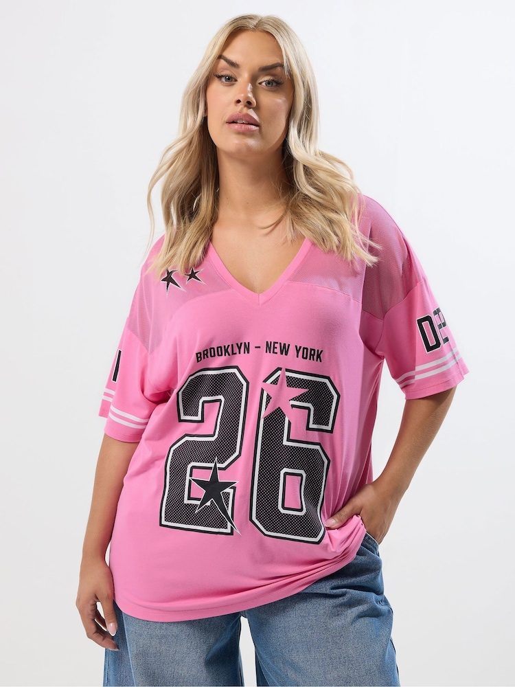Yours Curve Pink Varsity T-Shirt - Image 1 of 5