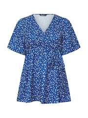 Yours Curve Blue Wrap Front Blouse - Image 4 of 5