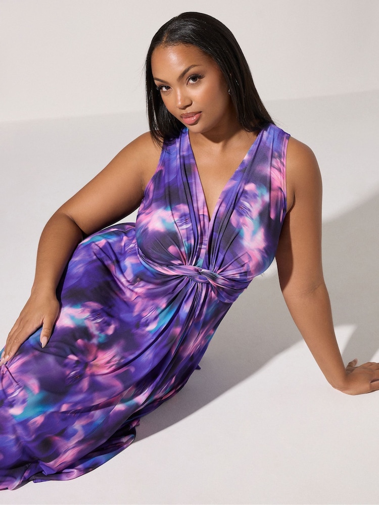 Yours Curve Purple London Knot Front Maxi Dress - Image 2 of 5