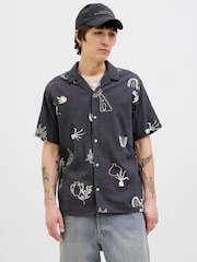 JACK & JONES Grey Hand Drawn Textured Graphic Print Shirt - Image 1 of 5