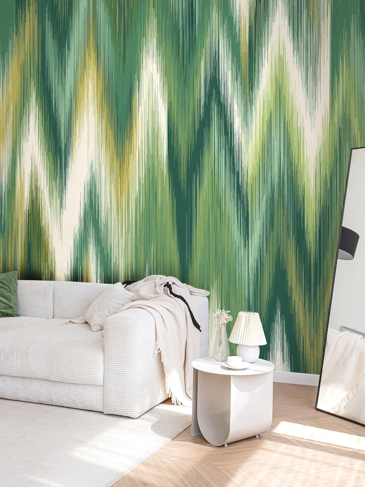 Origin Murals Forest Green Ikat Zig Zag 2.8m x 3.5m Wall Mural - Image 1 of 3