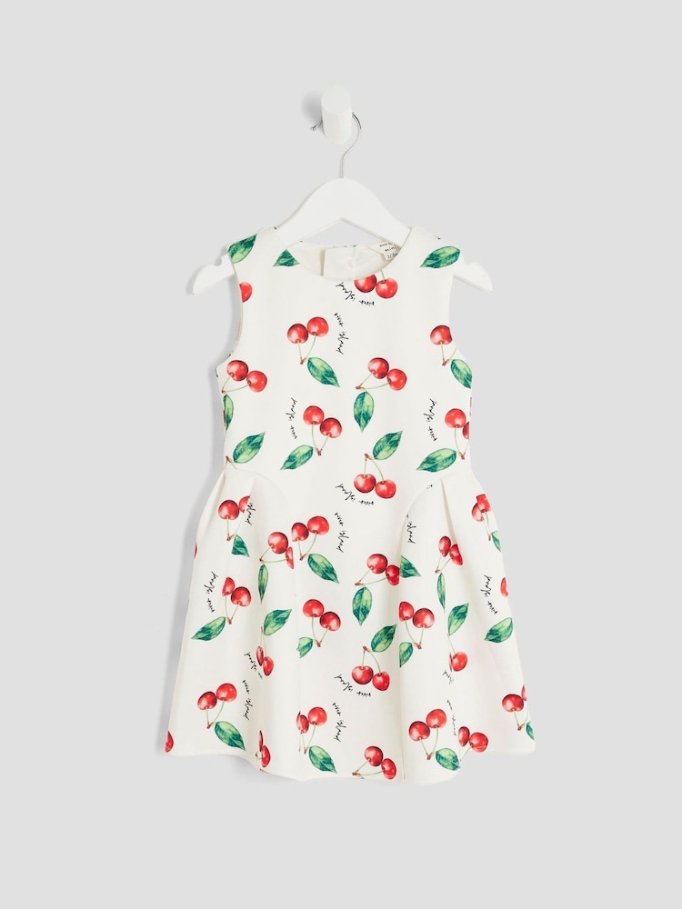 River Island Cream Girls Cherry Bow Back Dress - Image 1 of 4 River Island Cream Girls Cherry Bow Back Dress - Image 1 of 4