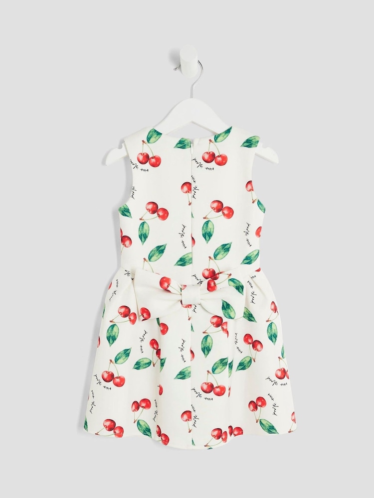 River Island Cream Girls Cherry Bow Back Dress - Image 2 of 4 River Island Cream Girls Cherry Bow Back Dress - Image 2 of 4