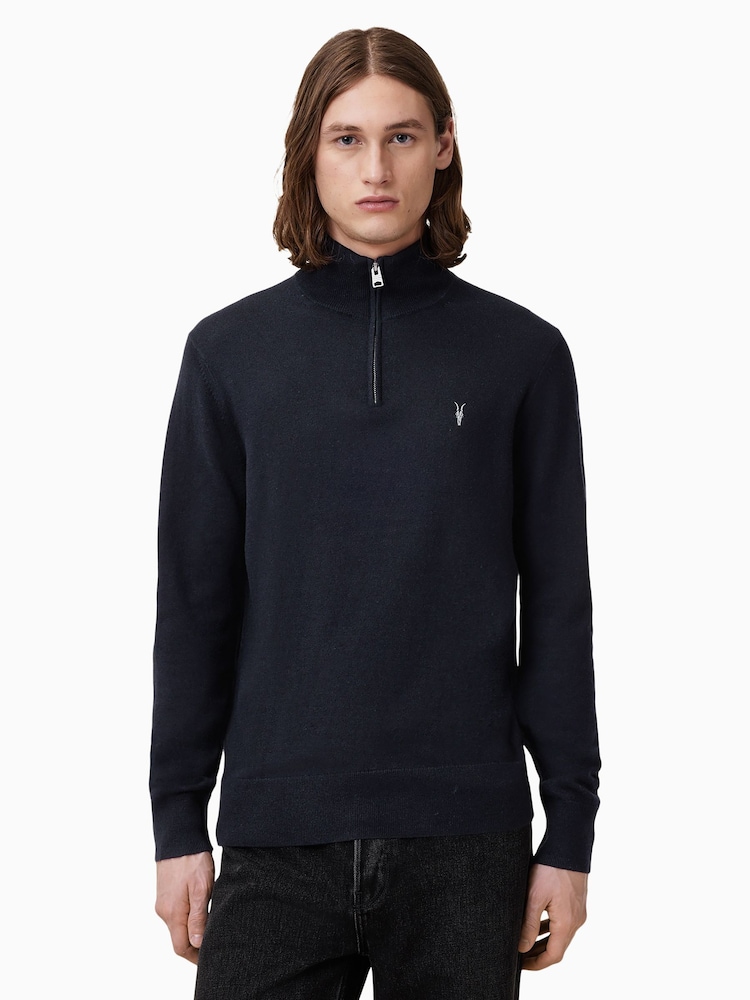 AllSaints Blue Chrome Kilburn Quarter Zip Funnel Jumper - Image 1 of 7 AllSaints Blue Chrome Kilburn Quarter Zip Funnel Jumper - Image 1 of 7