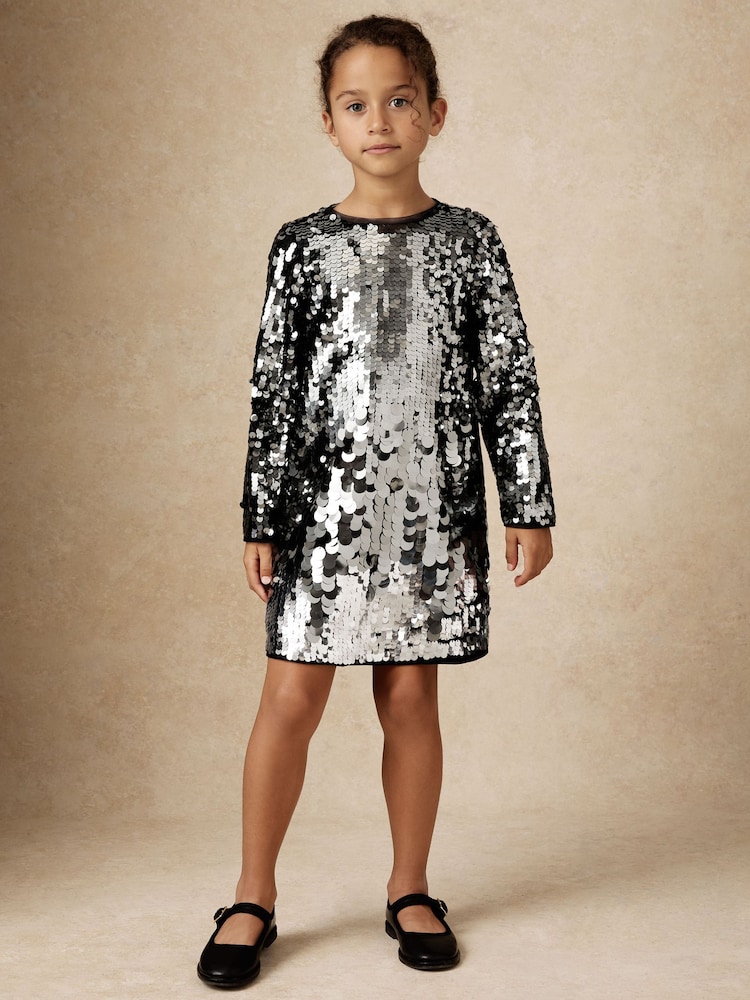 Reiss Silver Hattie 3-9 yrs Sequin-Embellished Shift Dress - Image 1 of 5 Reiss Silver Hattie 3-9 yrs Sequin-Embellished Shift Dress - Image 1 of 5
