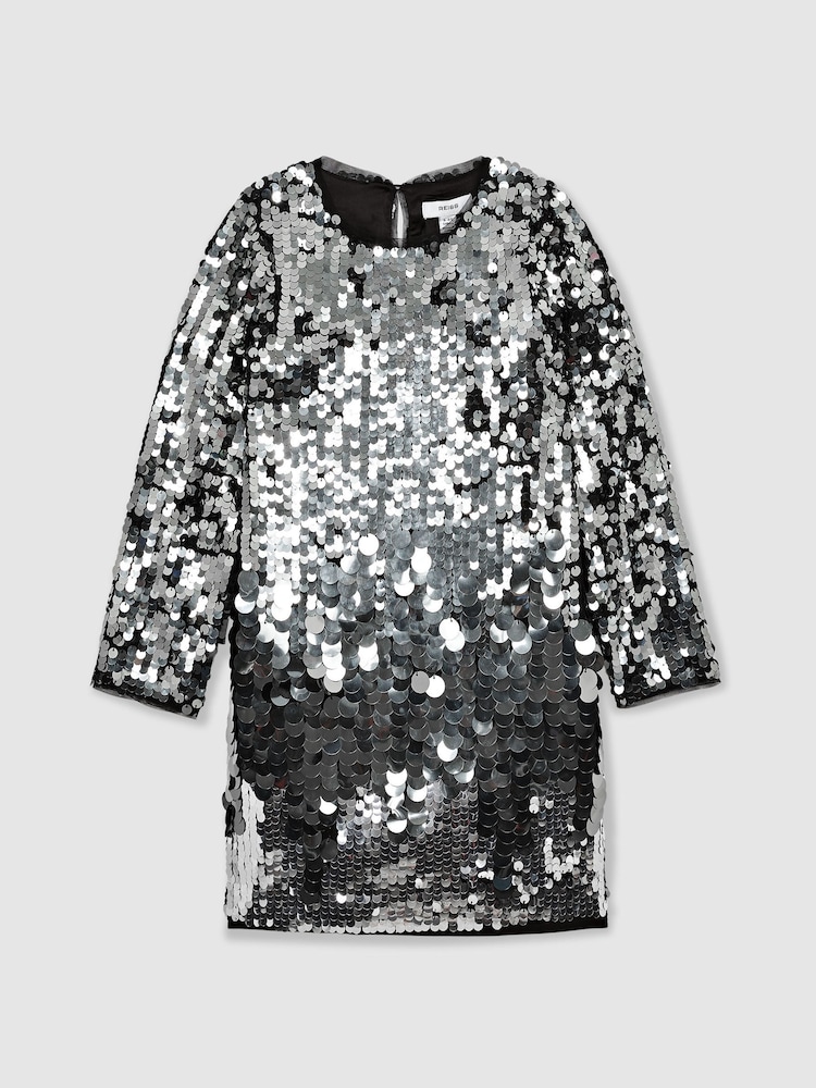 Reiss Silver Hattie 3-9 yrs Sequin-Embellished Shift Dress - Image 2 of 5 Reiss Silver Hattie 3-9 yrs Sequin-Embellished Shift Dress - Image 2 of 5