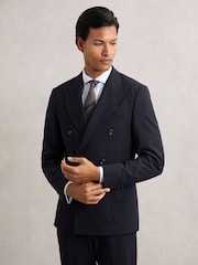 Reiss Navy Belmont Double-Breasted Textured Suit Blazer Slim-Fit With Wool - Image 1 of 8