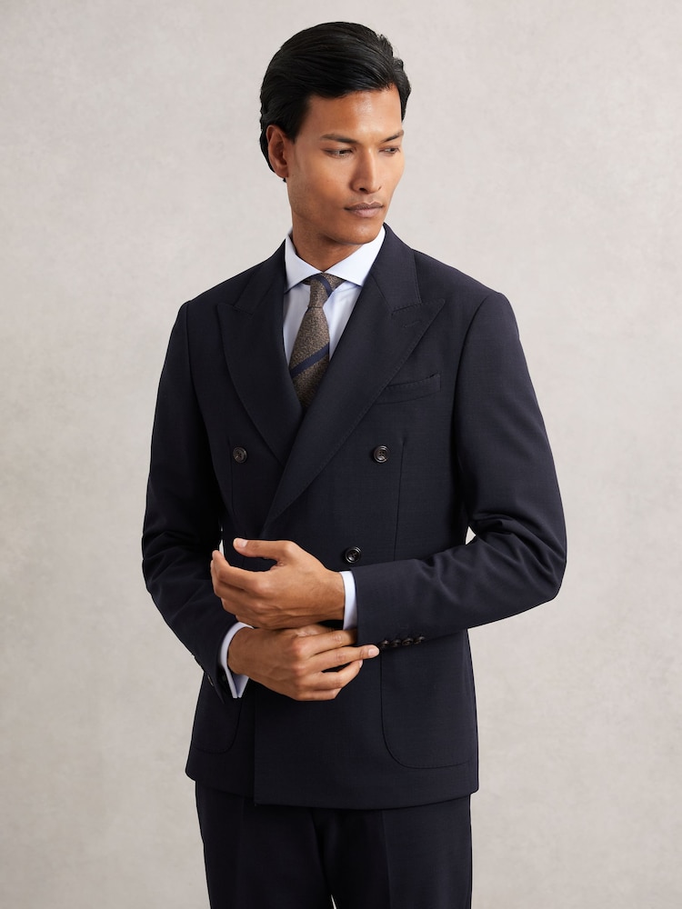 Reiss Navy Belmont Double-Breasted Textured Suit Blazer Slim-Fit With Wool - Image 1 of 8