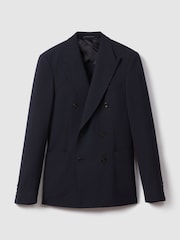 Reiss Navy Belmont Double-Breasted Textured Suit Blazer Slim-Fit With Wool - Image 2 of 8