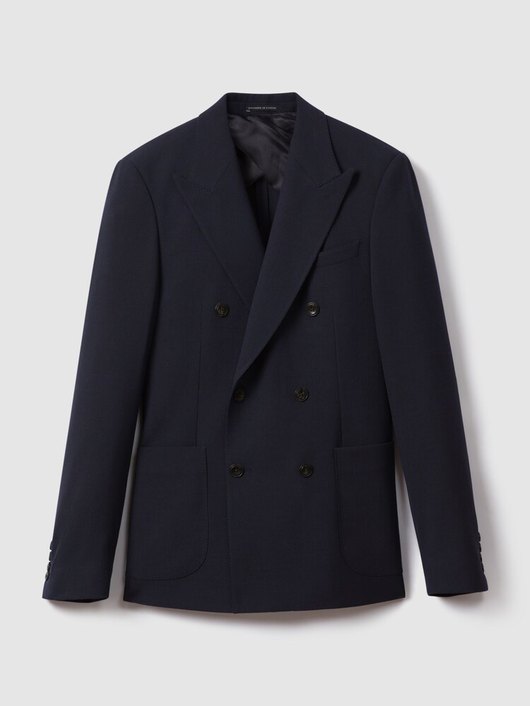Reiss Navy Belmont Double-Breasted Textured Suit Blazer Slim-Fit With Wool - Image 2 of 8 Reiss Navy Belmont Double-Breasted Textured Suit Blazer Slim-Fit With Wool - Image 2 of 8