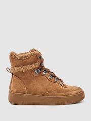 Reiss Tan Siarah Suede Faux-Shearling Trainer Boots - Image 1 of 4