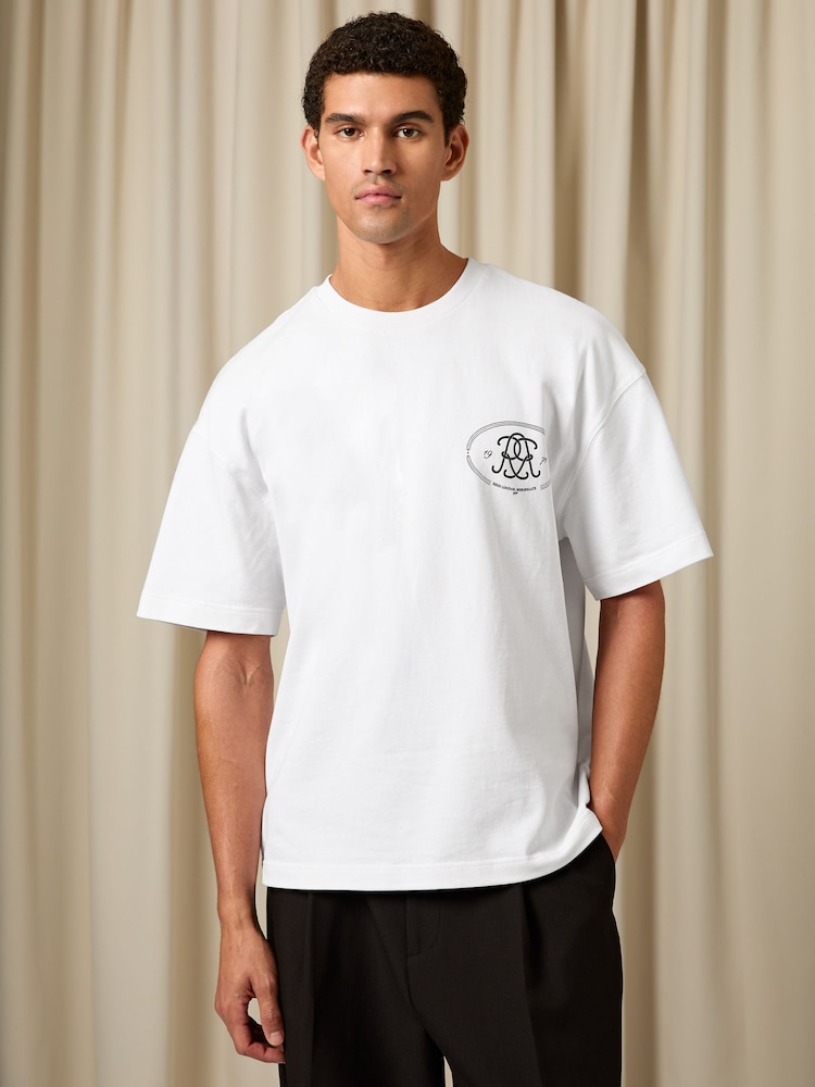 Reiss White Cuthbert Monogram Print Cotton Oversized T-Shirt - Image 1 of 6 Reiss White Cuthbert Monogram Print Cotton Oversized T-Shirt - Image 1 of 6