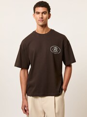 Reiss Brown Cuthbert Monogram Print Cotton Oversized T-Shirt - Image 1 of 6