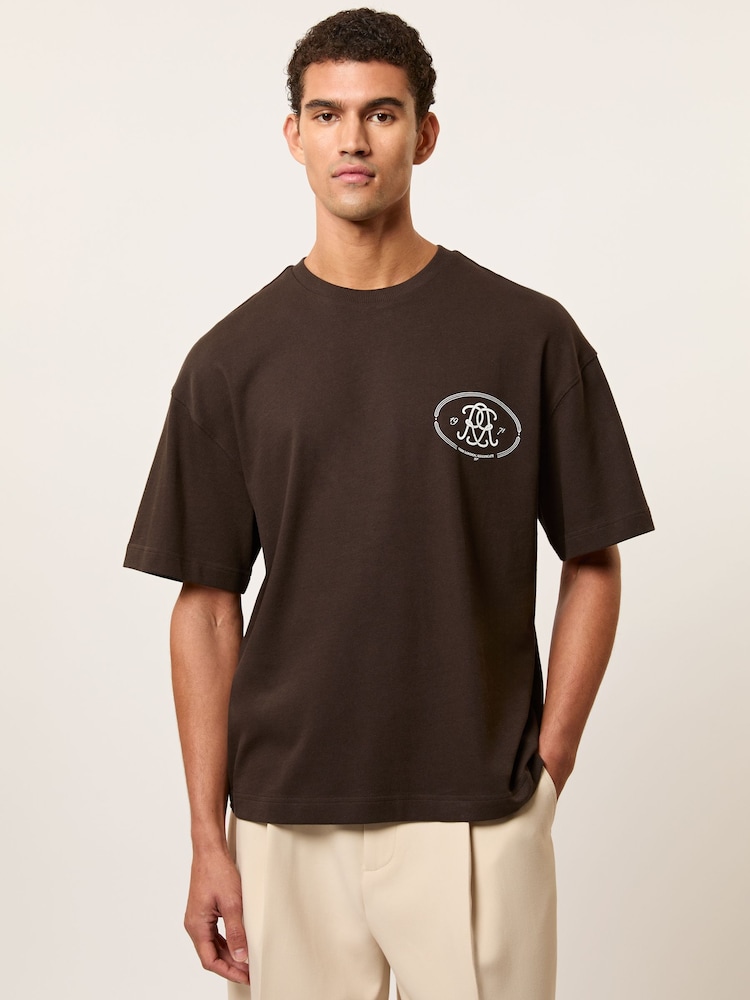 Reiss Brown Cuthbert Monogram Print Cotton Oversized T-Shirt - Image 1 of 6