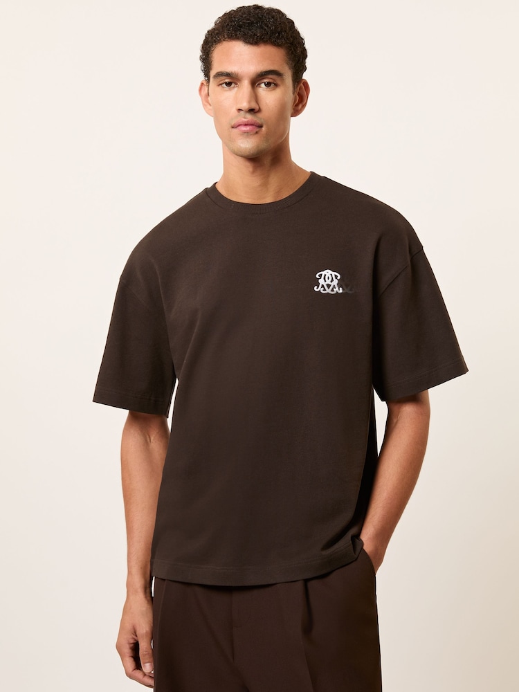 Reiss Brown Rainer Monogram Cotton Oversized T-Shirt - Image 1 of 6
